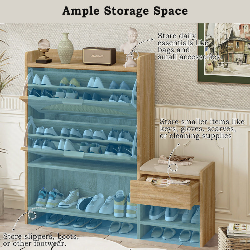 Shoe Storage Cabinet Rattan Shoe Storage Organizer With 2 Flip Drawers, A Storage Drawer And A Bench For Entryway, And Hallway - Light Brown