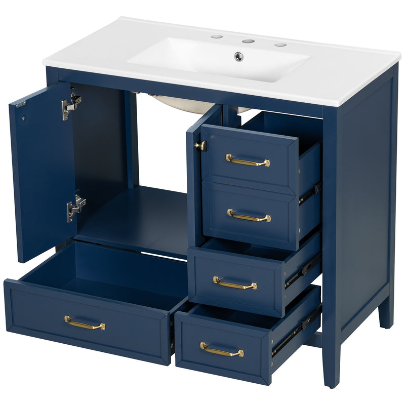 Elegant Vintage Bathroom Vanity With Sink And Soft Closing Door, 4 Drawers Of Different Sizes Frame