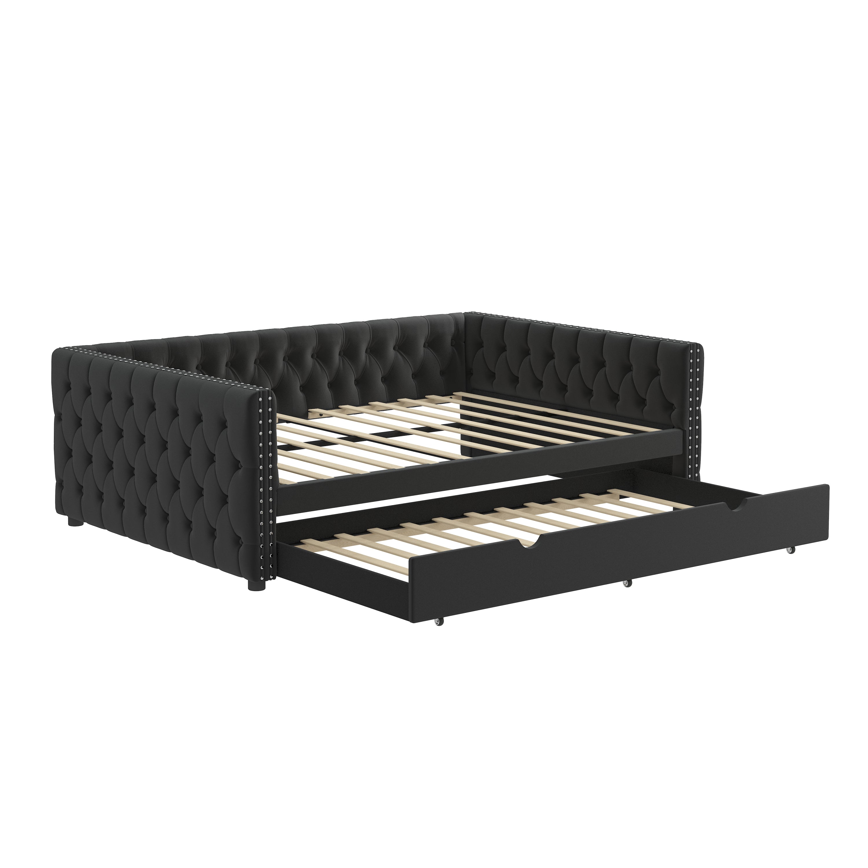 Daybed with Trundle Velvet Upholstered Tufted Sofa Bed, with Button and Copper Nail onSquare Arms,Full Daybed & Twin Trundle-  For Bedroom, Living Room, Guest Room,(83"x57"x26") - Atlantic Fine Furniture Melbourne FL