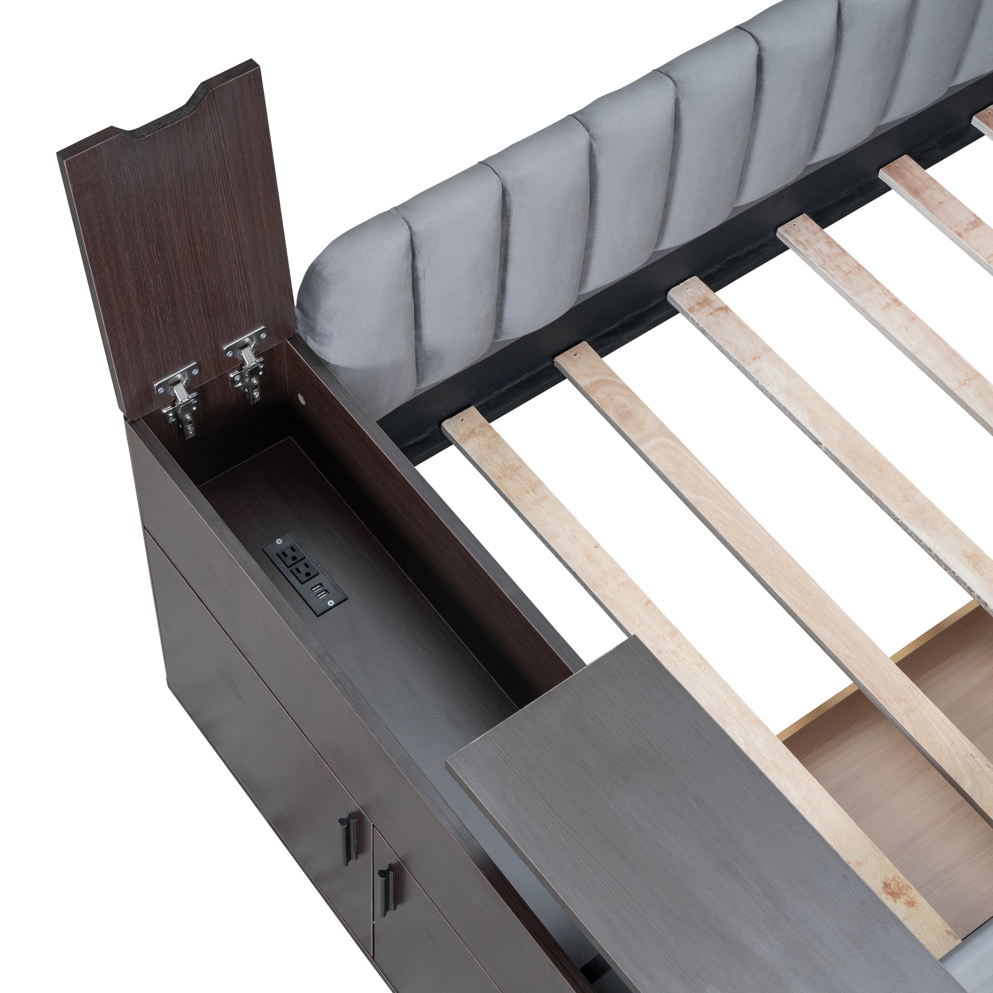 Twin Size Upholstered Daybed with Storage Armrest and 2 Drawers, Multi-functional Daybed with Cup Holder and a set of USB Ports and Sockets, Gray - Atlantic Fine Furniture Melbourne FL