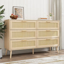 Rattan 6 Drawers Chest Of Dressers For Bedroom, Modern 6 Drawer Dresser, Wide Chest Of Drawers With Wood Handles, Rattan Dresser Storage Cabinet For Living Room, Bedroom, Hallway - Natural Wood / Oak