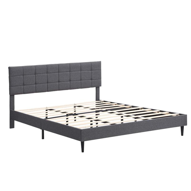 King Size Platform Bed Frame with Fabric Upholstered Headboard and Wooden Slats, No Box Spring Needed/Easy Assembly, Dark Grey