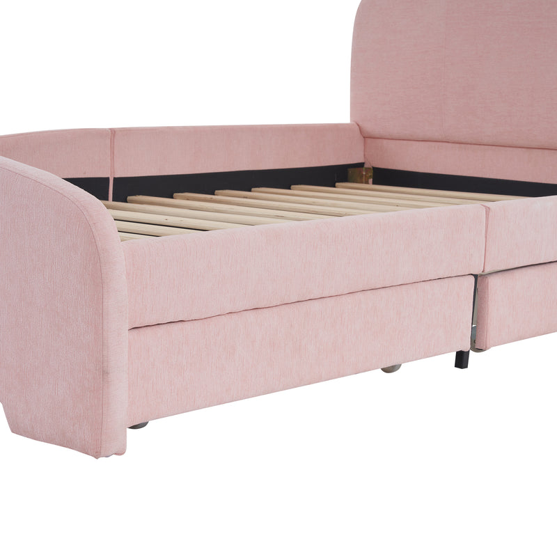 Twin Size Upholstered Platform Bed with Cartoon Ears Shaped Headboard and 2 Drawers, Pink