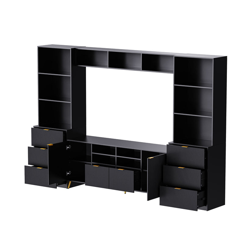 U-Can 4 Piece Entertainment Wall Unit With 13 Shelves, 8 Drawers And 2 Cabinets, Multifunctional TV Stand Media Storage Cabinet With Fluted Line Surface For Living Room, For TVs Up To 70"