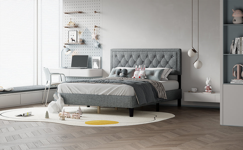 Queen size Panel Bed Frame with Adjustable Button-Tufted Headboard for Bedroom/Linen Upholstered/Wood Slat Support/Easy Assembly,Light Grey