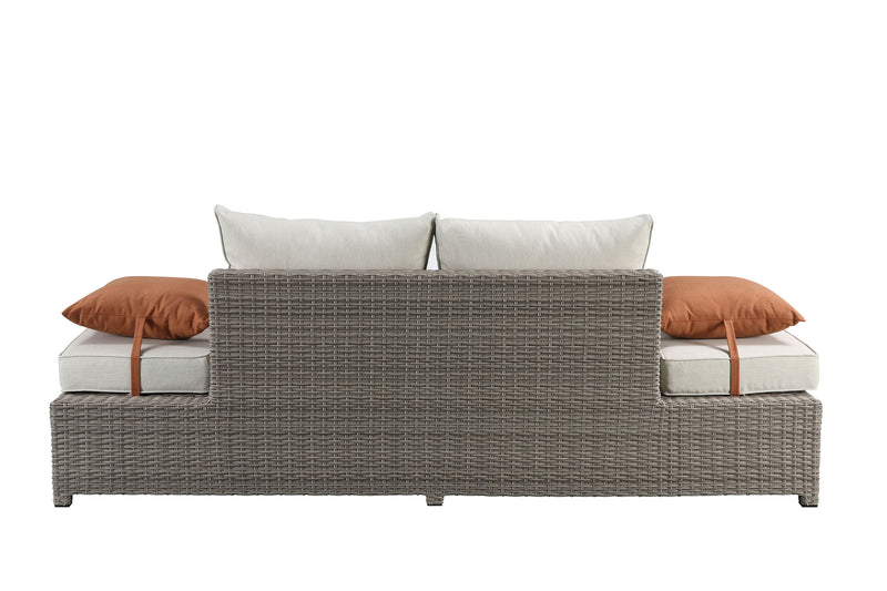 Salena - All Weather Wicker Patio Sofa & Ottoman With 2 Toss Pillows - Beige / Gray