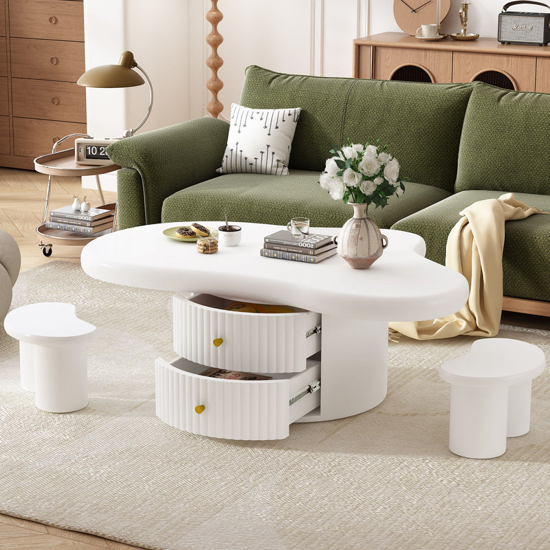 Cloud - Coffee Table (Set of 3), Irregular Shape Coffee Table With 2 Drawers, 2 Small Stools For Living Room - White