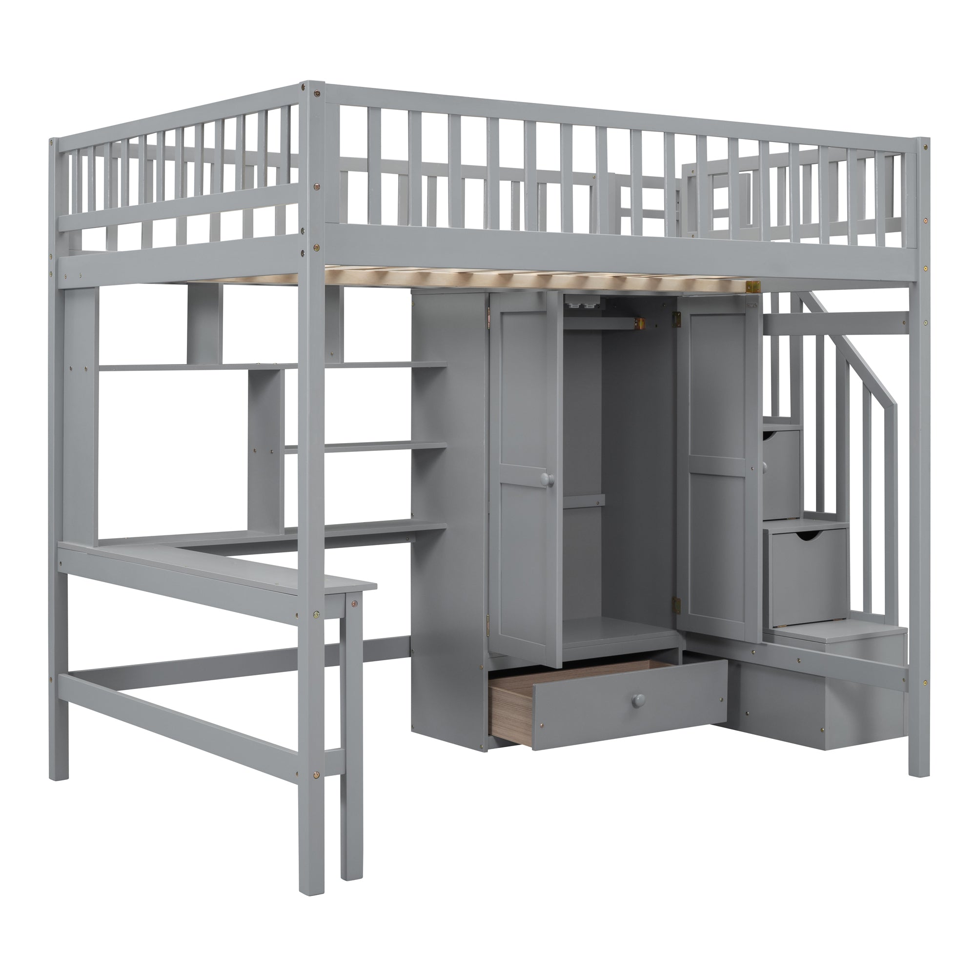 Full size Loft Bed with Bookshelf,Drawers,Desk,and Wardrobe-Gray - Atlantic Fine Furniture Melbourne FL