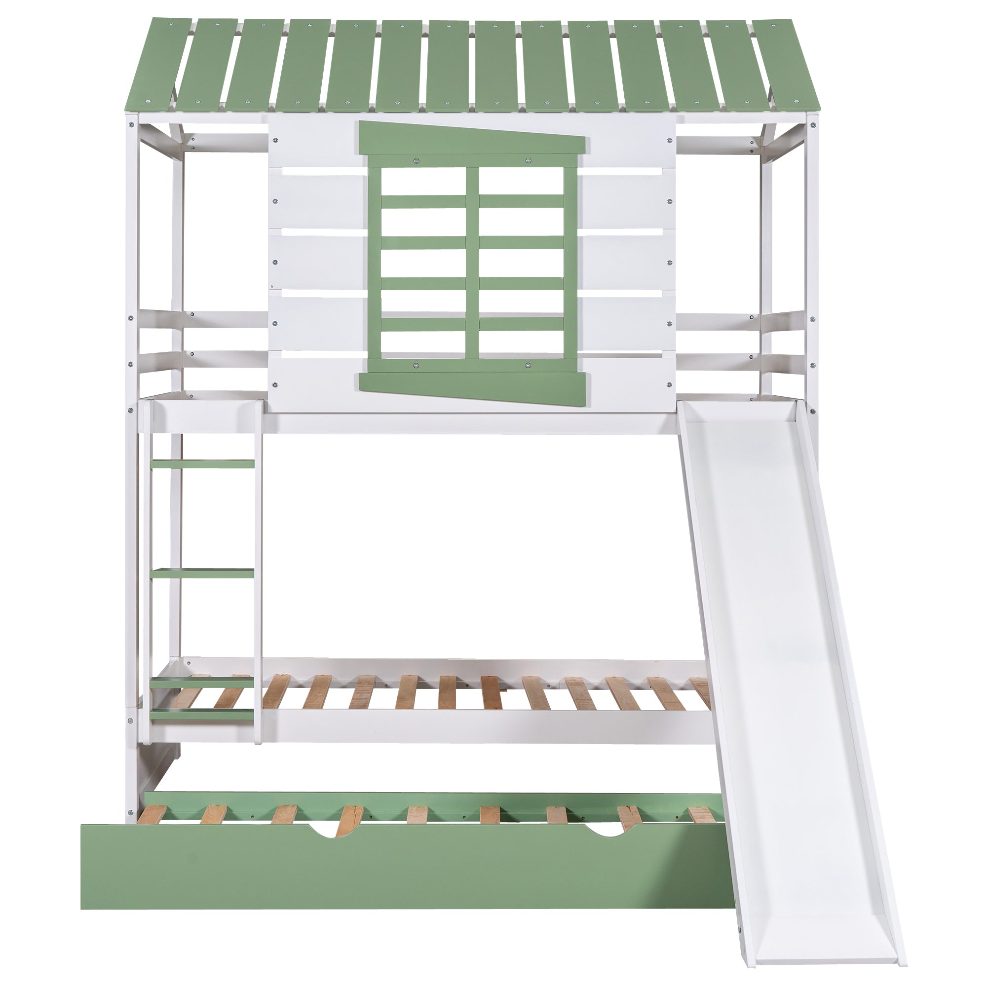 Twin over Twin Size House Bunk Bed with Convertible Slide and Trundle, White+Green - Atlantic Fine Furniture Melbourne FL
