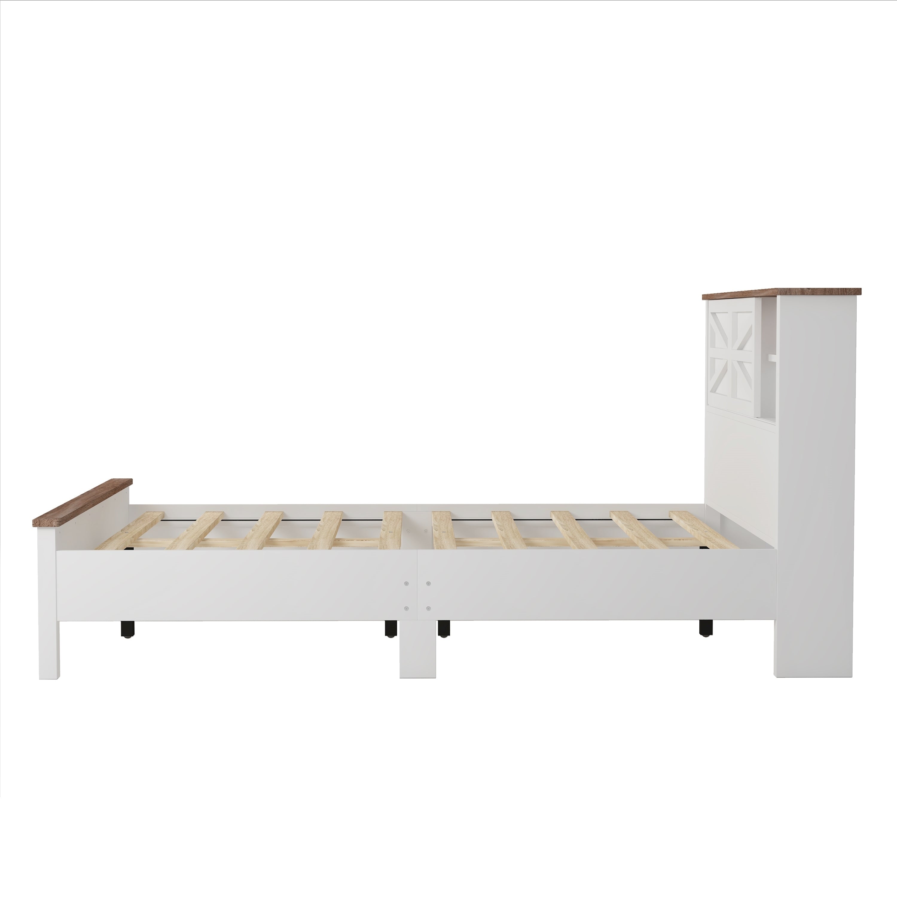 Farmhouse Platform Bed with Double Sliding Barn Door, Full Size Rustic Wood Bed with
Charging Station, Wood Slats Support, White+Brown