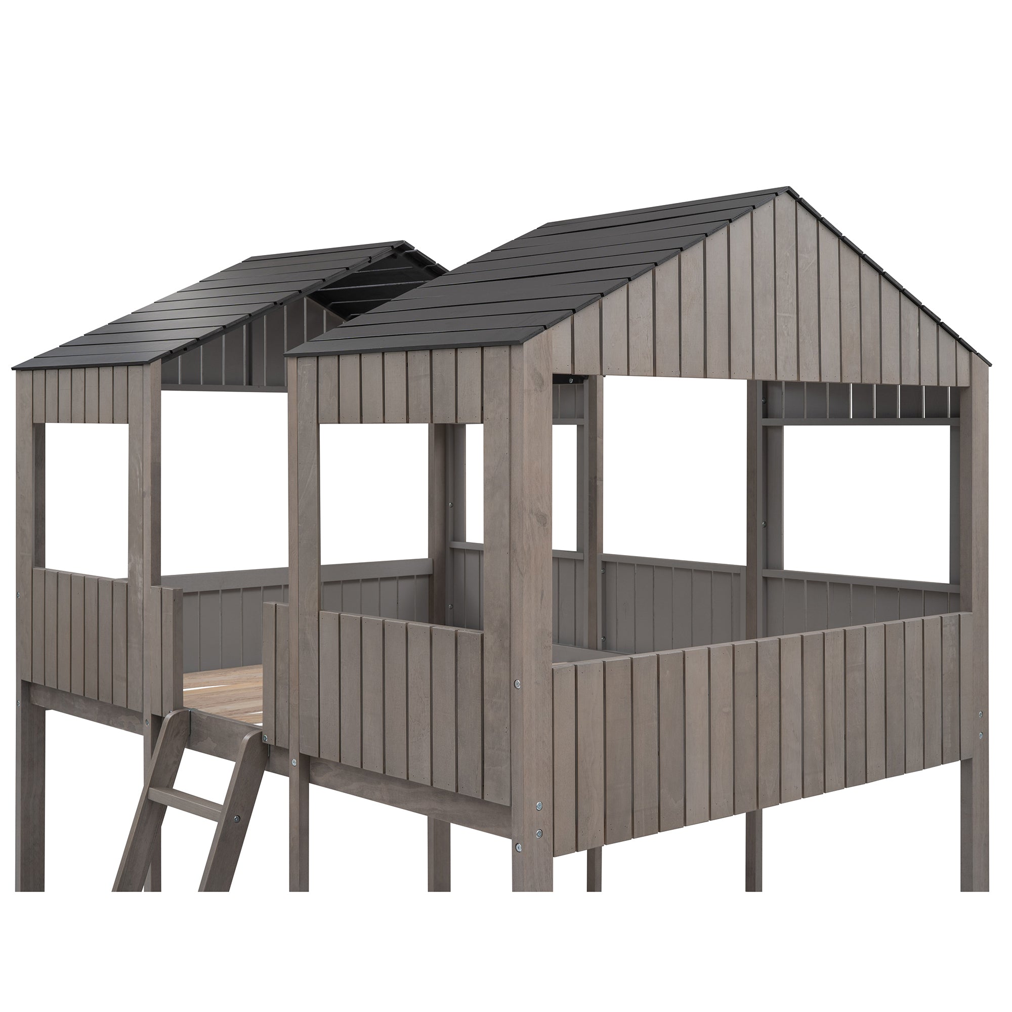 Full Over Full WoodBunk Bed with Roof, Window, Guardrail, Ladder(Antique Gray)( old sku: LT000031AAE ) - Atlantic Fine Furniture Melbourne FL