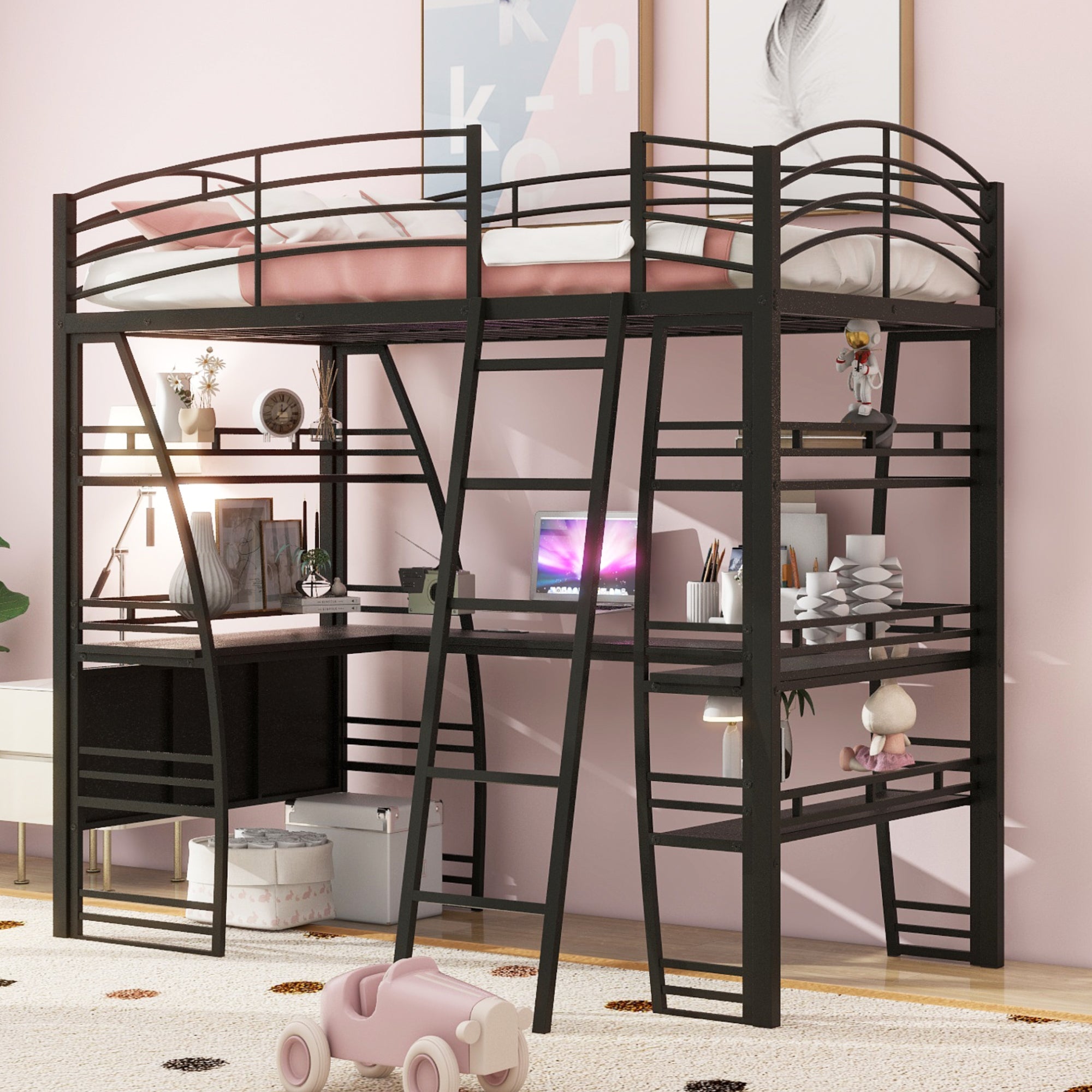 Twin Size Loft Bed with 4 Layers of Shelves and L-shaped Desk, Stylish Metal Frame Bed with a set of Sockets, USB Ports and Wireless Charging, Black - Atlantic Fine Furniture Melbourne FL