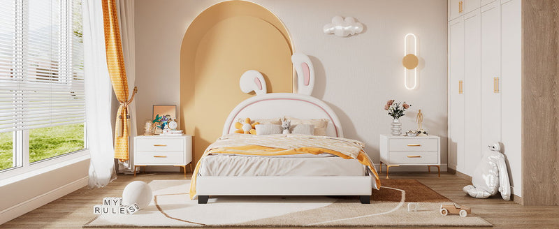 Upholstered Leather Platform Bed With Rabbit Ornament