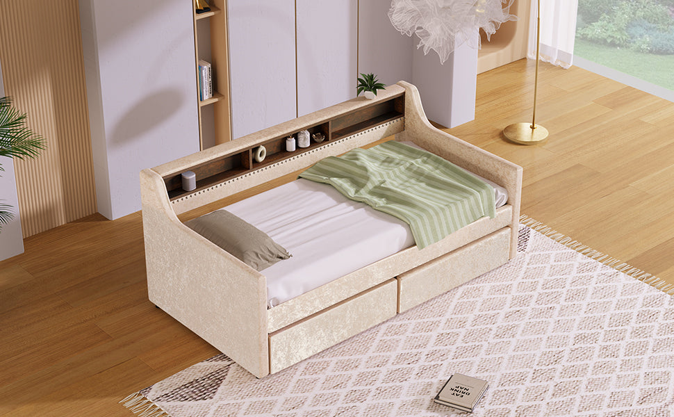 Twin Size Snowflake Velvet Daybed with Two Storage Drawers and Built-in Storage Shelves,Beige - Atlantic Fine Furniture Melbourne FL