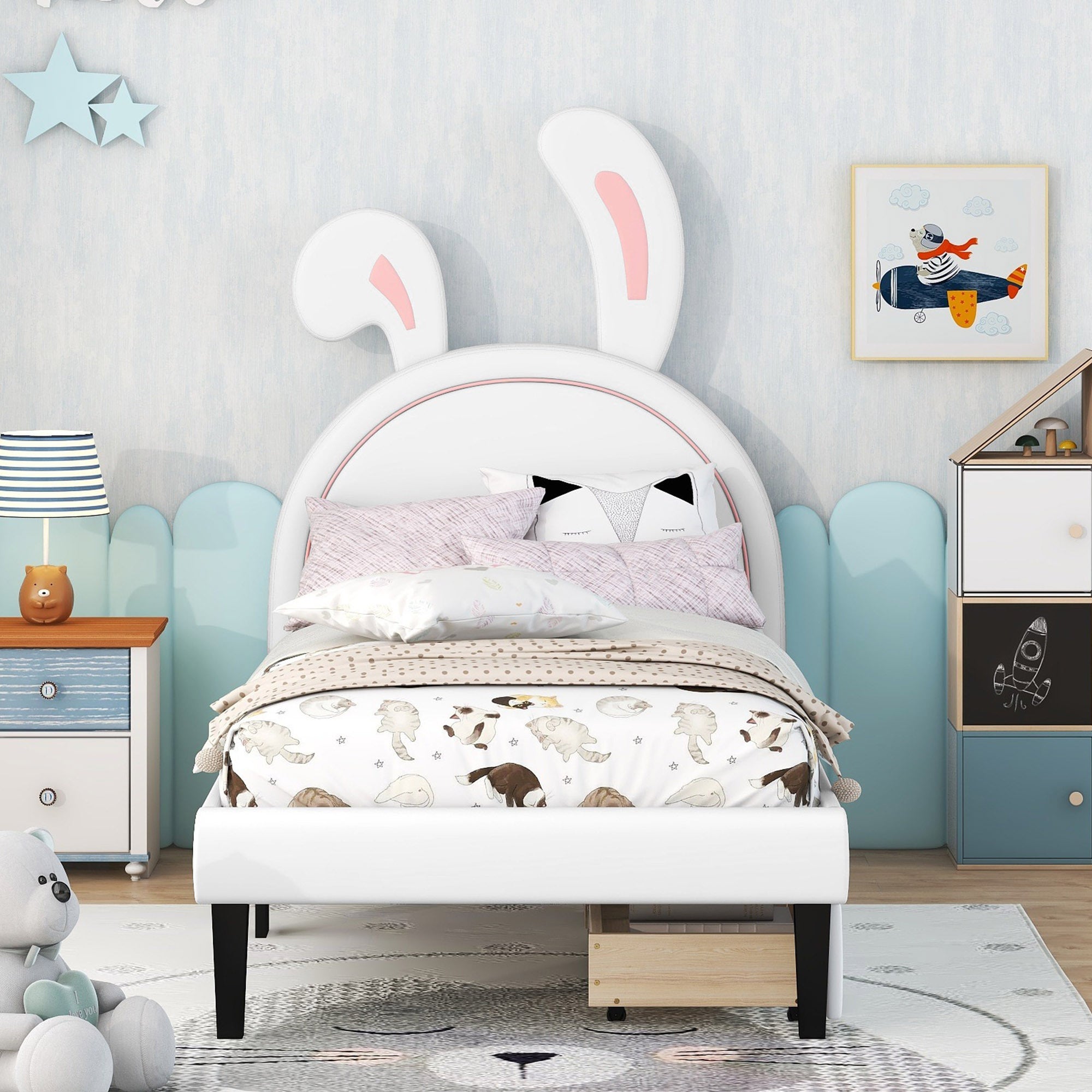 Twin Size Upholstered Leather Platform Bed with Rabbit Ornament and 2 Drawers, White - Atlantic Fine Furniture Melbourne FL
