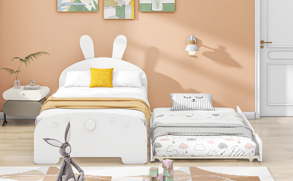 Wood Twin Size Platform Bed with Cartoon Ears Shaped Headboard and Trundle, White - Atlantic Fine Furniture Melbourne FL