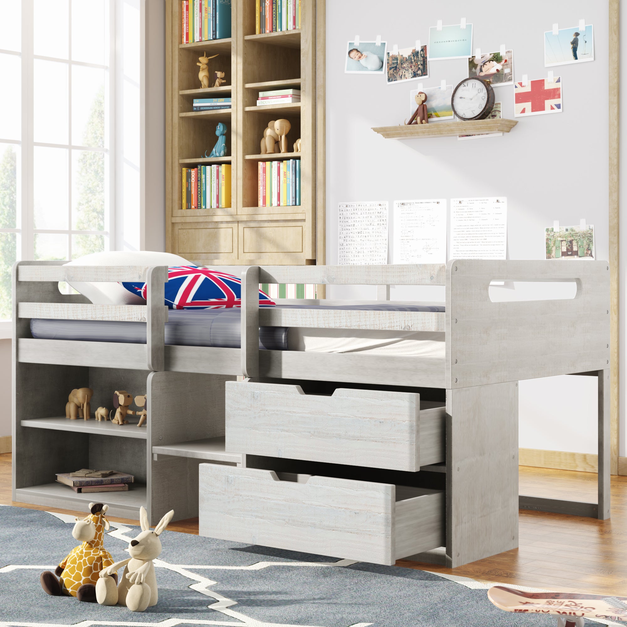 Twin size Loft Bed with Two Shelves and Two drawers (Antique White) - Atlantic Fine Furniture Melbourne FL