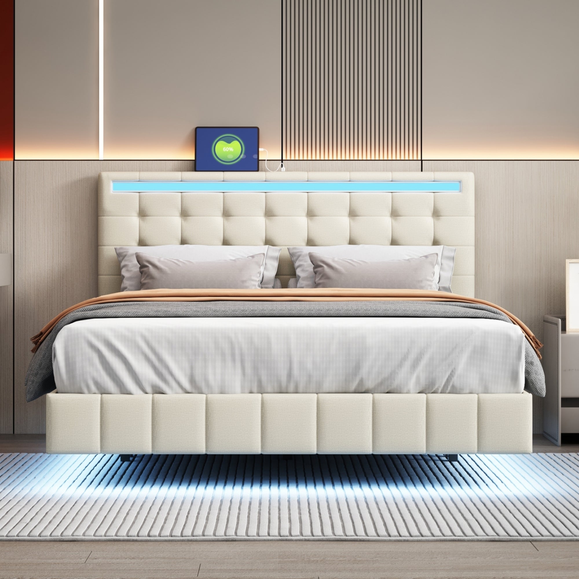 Queen Size Floating Bed Frame with LED Lights and USB Charging,Modern Upholstered Platform LED Bed Frame,Beige - Atlantic Fine Furniture Melbourne FL