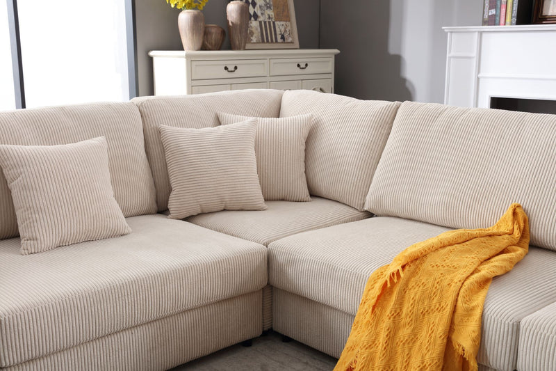 Oversized Modular Sectional Sofa Set,Corduroy Upholstered Deep Seat Comfy Sofa   Beige