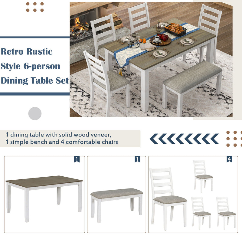 Rustic Style 6 Piece Dining Room Table Set With 4 Upholstered Chairs & A Bench - Brown / Whitewash