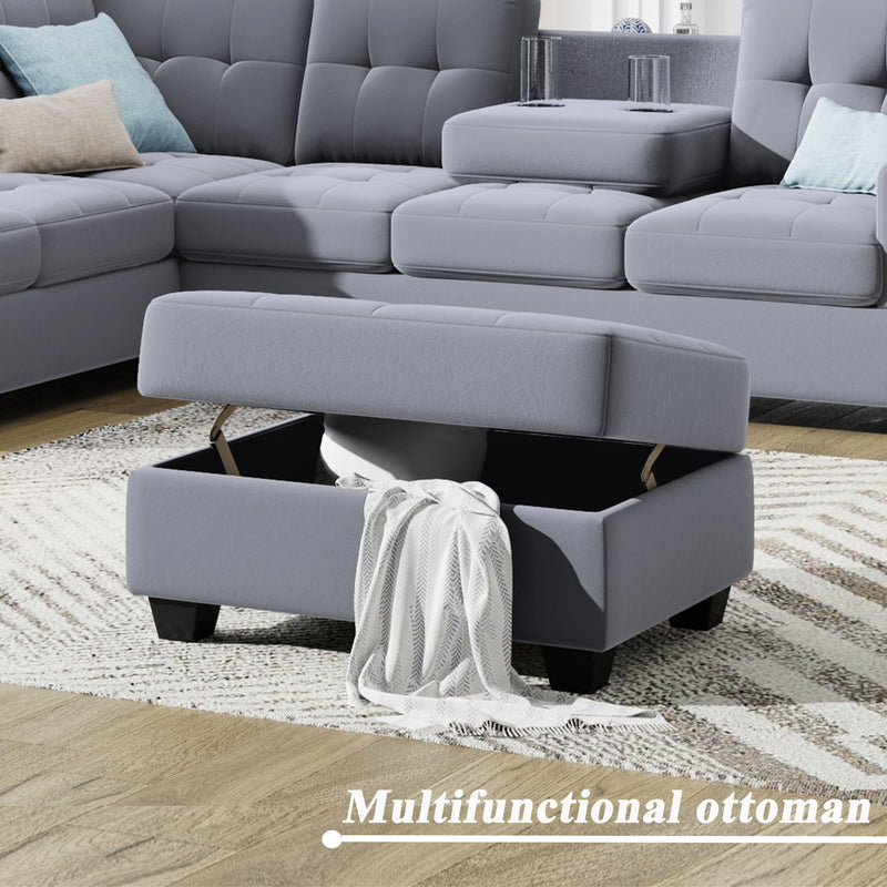 Sectional Sofa With Reversible Chaise Lounge, L-Shaped Couch With Storage Ottoman And Cup Holders