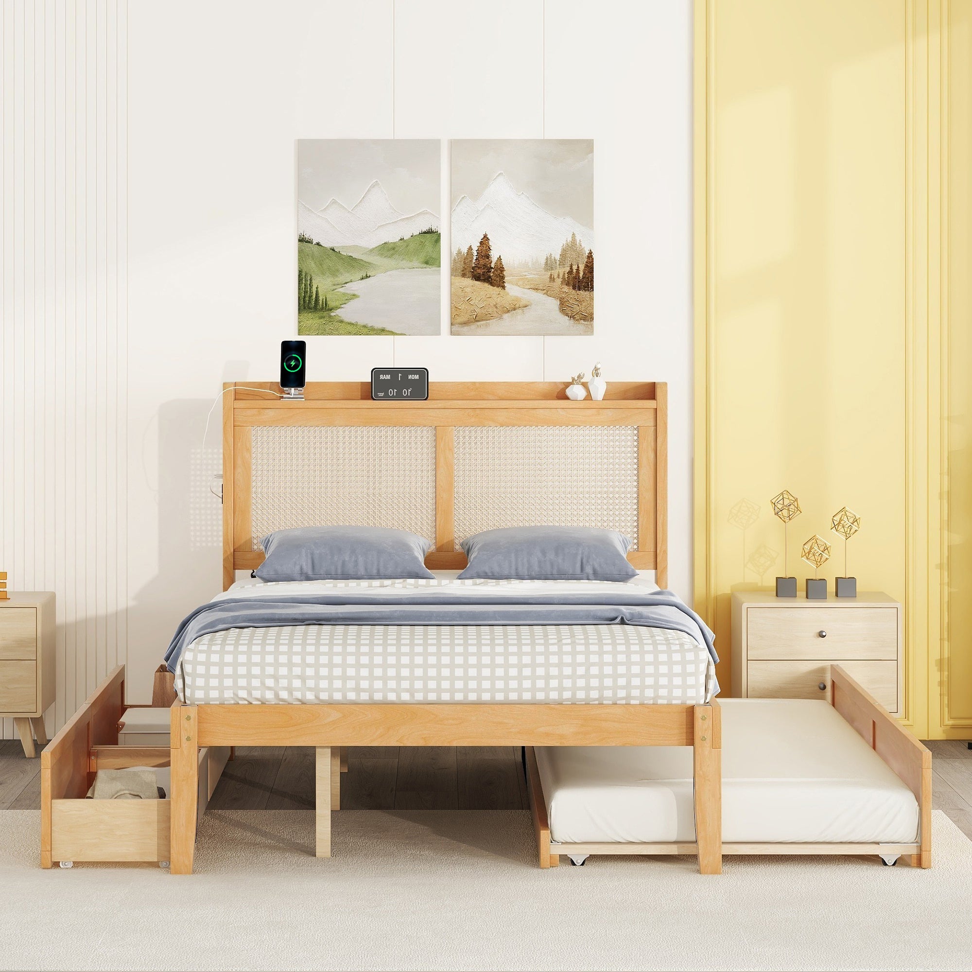 Full Size Elegant Bed Frame with Rattan Headboard and Sockets ,Walnut - Atlantic Fine Furniture Melbourne FL