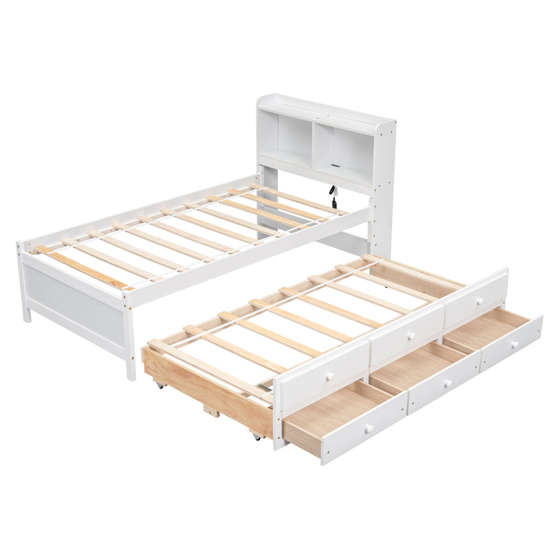 Bed With Built-In USB, Type-C Ports, LED Light, Bookcase Headboard, Trundle And 3 Storage Drawers, Bed With Bookcase Headboard, Trundle And Storage Drawers - Espresso
