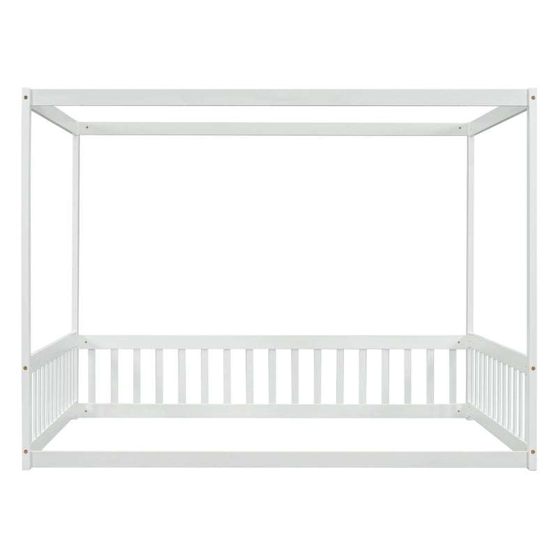 Canopy Frame Floor Bed With Fence, Guardrails