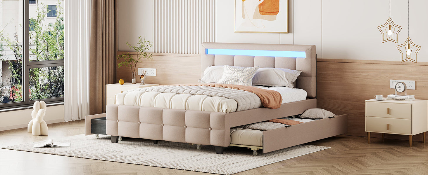 Queen Size Upholstered Platform Bed with LED Frame, with Twin XL Size Trundle and 2 drawers, Linen Fabric, Beige - Atlantic Fine Furniture Melbourne FL