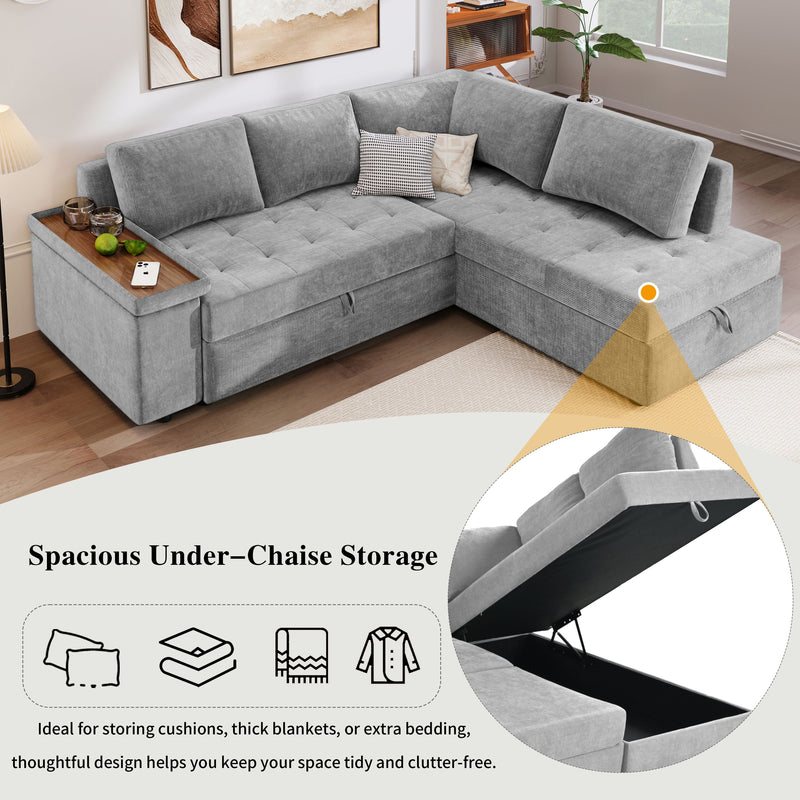 L Shaped Couch With Pull Out Bed And Storage Sectional Sleeper Sofa With Hidden Storage, Wide Armrest With Storage, For Living Room, Apartment, Bedroom, Office