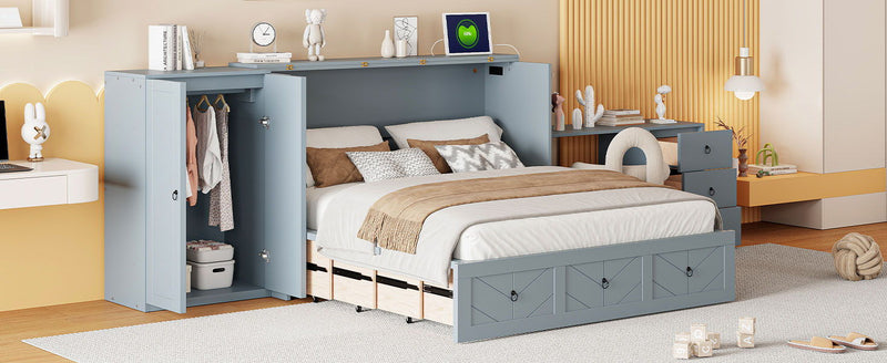 Murphy Bed With USB Port, Large Drawer, And Wardrobe / Desk Combo Versatile Cabinet Bed