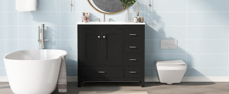 Bathroom Vanity With Ceramic Sink Combo, Abundant Storage Cabinet -2 Soft-Close Doors And 5 Drawers