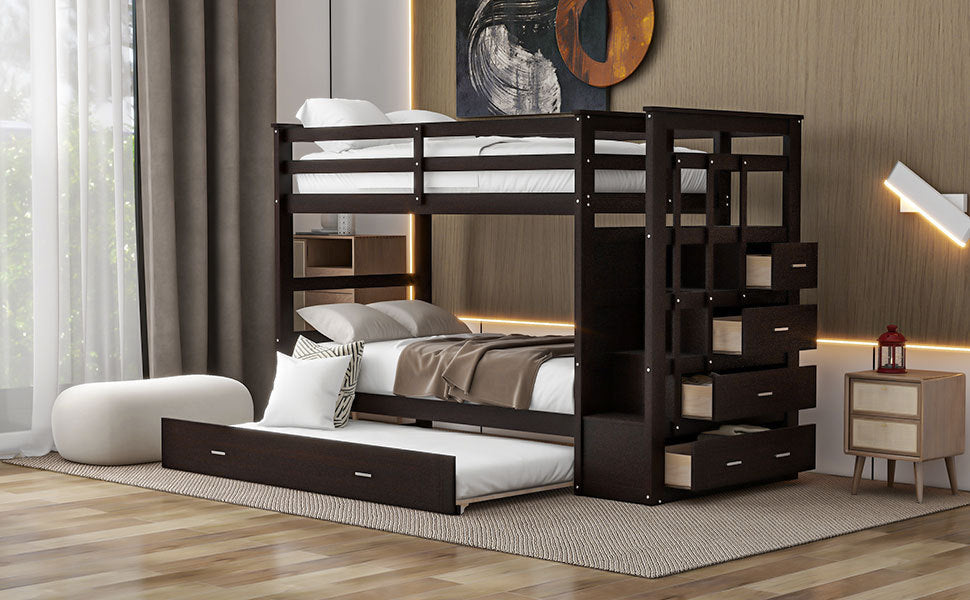 Twin Over Twin Bunk Bed with Trundle and Staircase,Espresso(OLD SKU:LT000068AAP) - Atlantic Fine Furniture Melbourne FL
