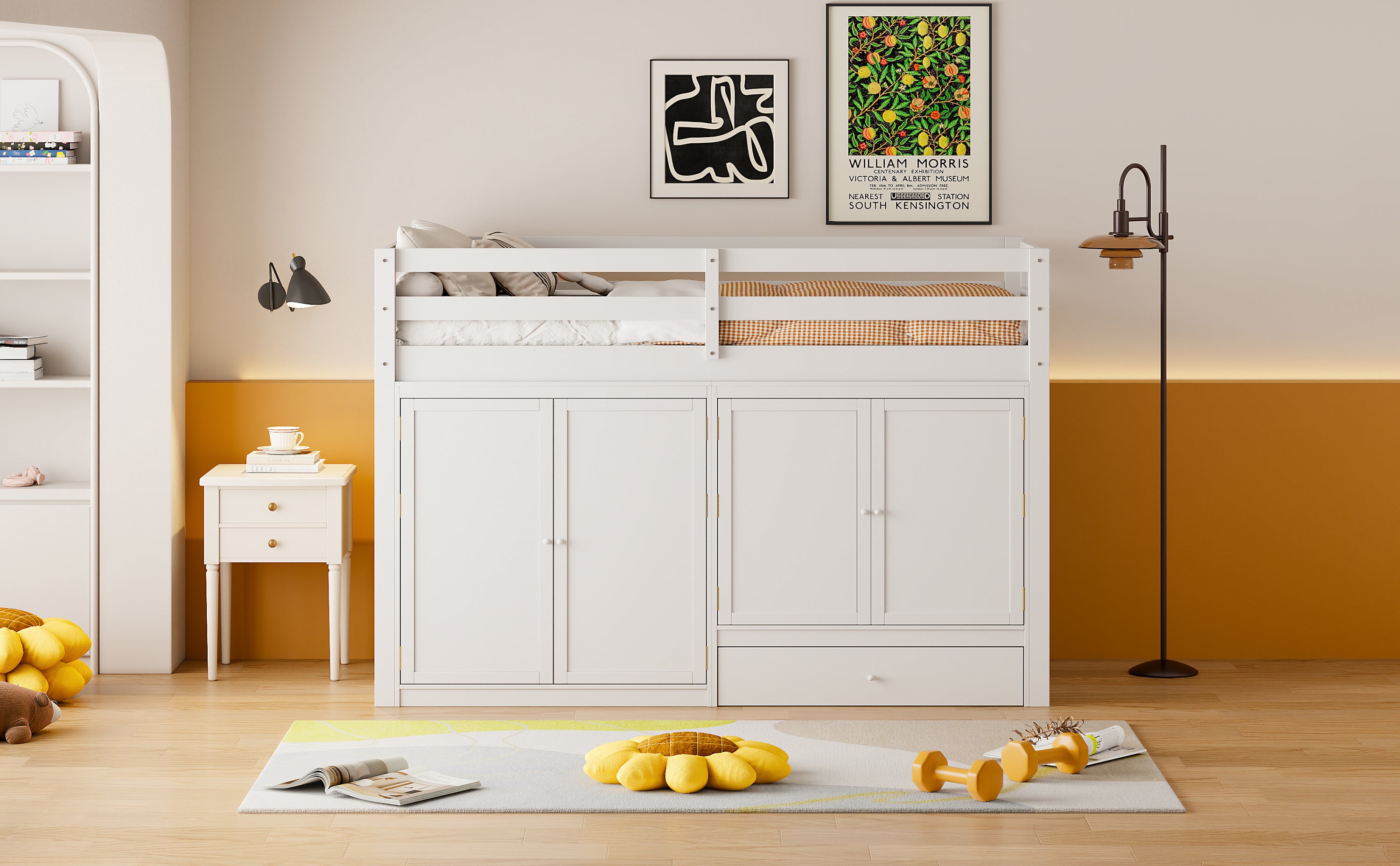 Twin size Loft Bed with Drawer, Two Wardrobes and Mirror, White - Atlantic Fine Furniture Melbourne FL