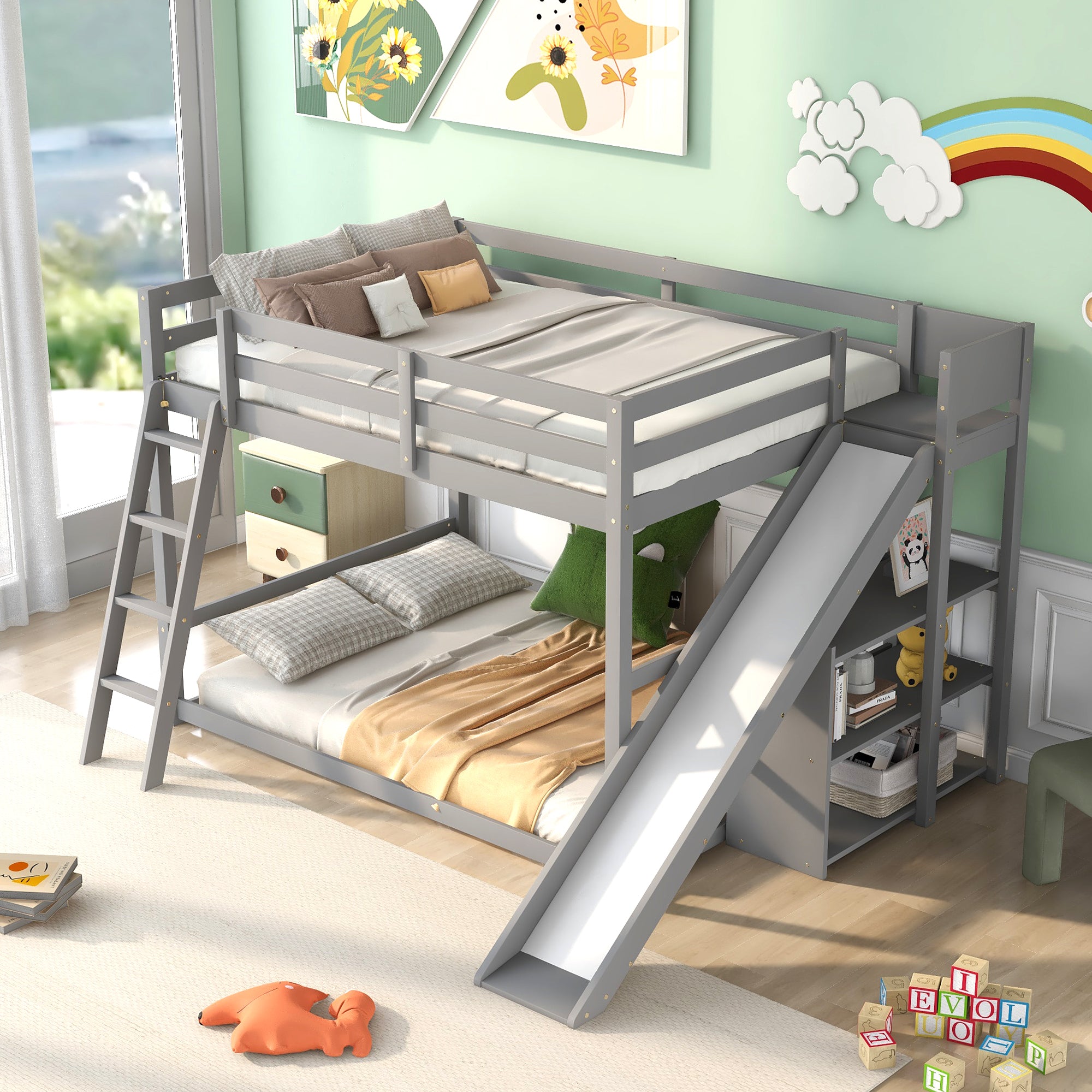 Full over Full Bunk Bed with Ladder, Slide and Shelves, Gray - Atlantic Fine Furniture Melbourne FL