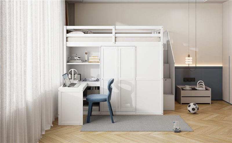 Loft Bed With Wardrobe, Desk And Shelves