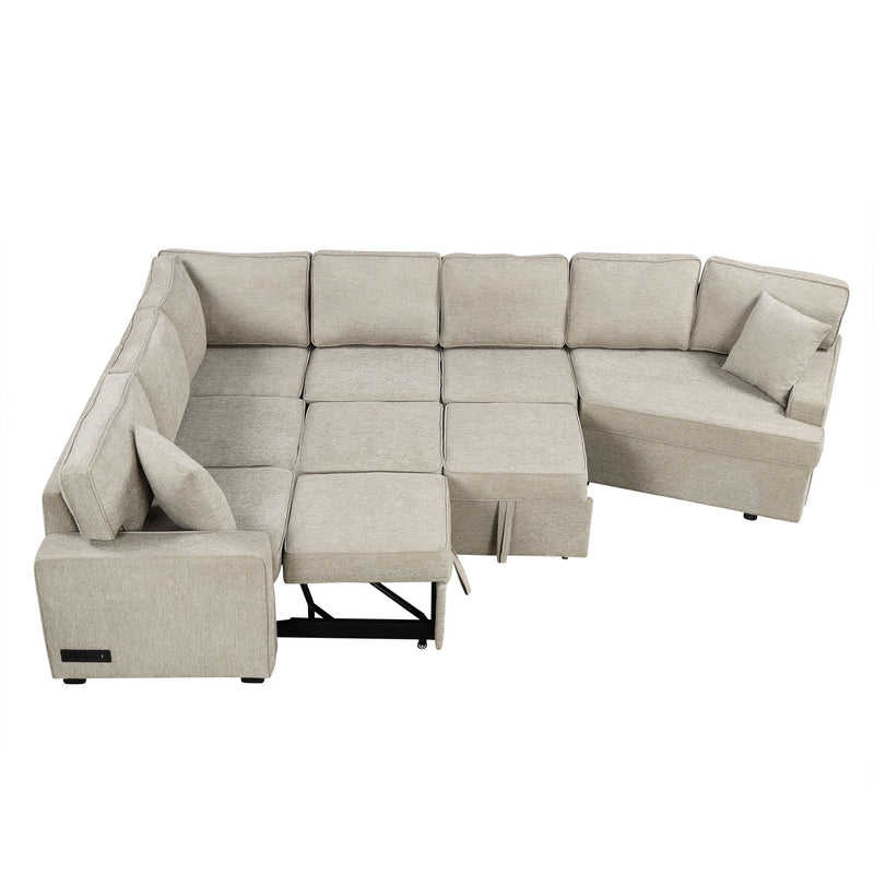 L-Shaped Sofa Sectional Sofa Couch Pull-Out Sofa Bed With Charging Devices And Cup Holders For Living Room