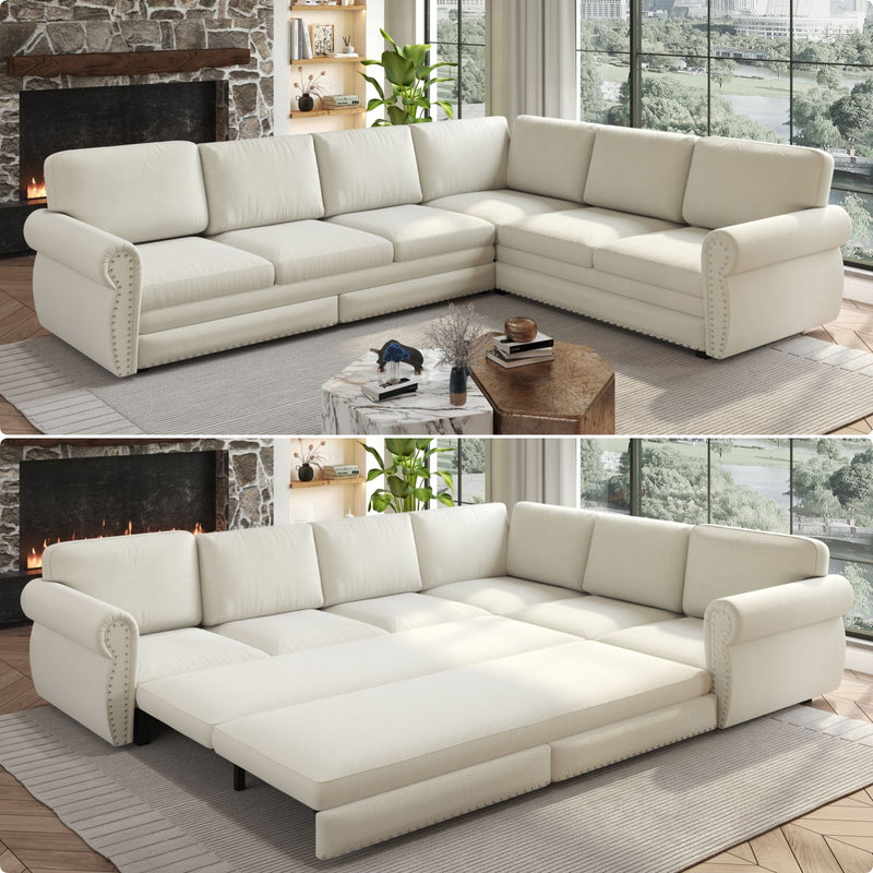 L-Shaped Sofa Couch With Pull Out Bed With Nailhead Trim & Rolled Arm, Sectional Couches, For Living Room - Beige