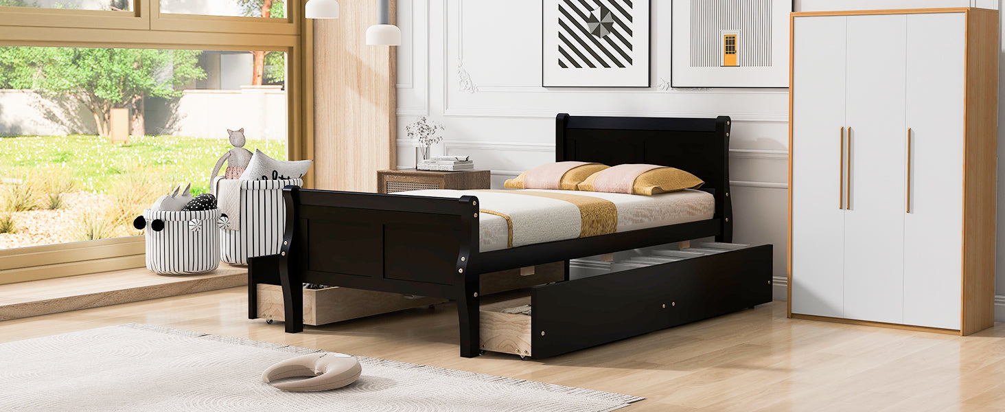 Twin Size Wood Platform Bed with 4 Drawers and Streamlined Headboard & Footboard, Espresso - Atlantic Fine Furniture Melbourne FL