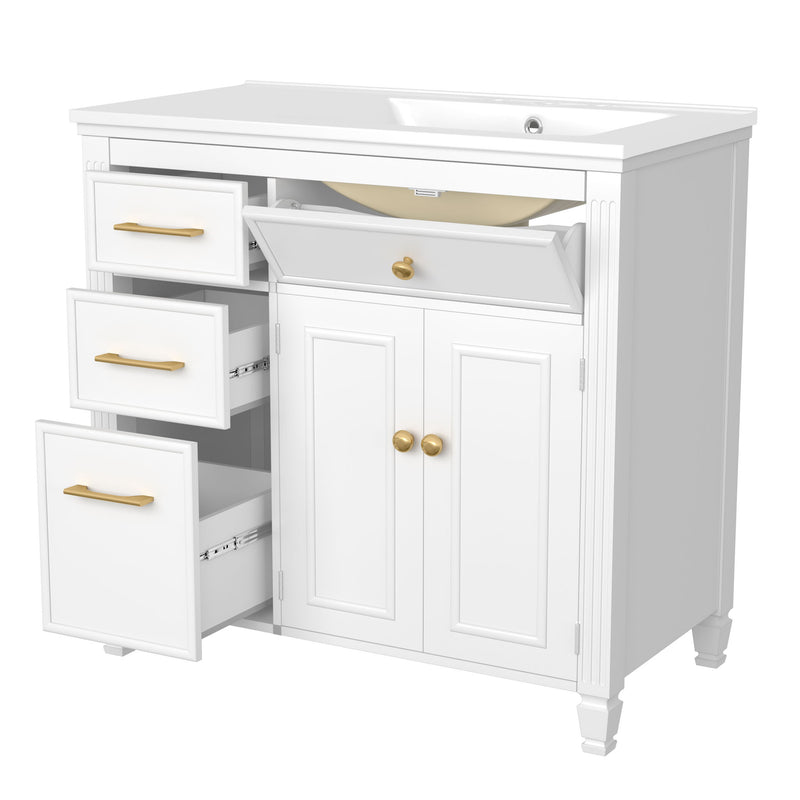 Modern Bathroom Vanity With Ceramic Sink, Freestanding, One Tip Out Drawer, 3 Side Drawers, Adjustable Shelf