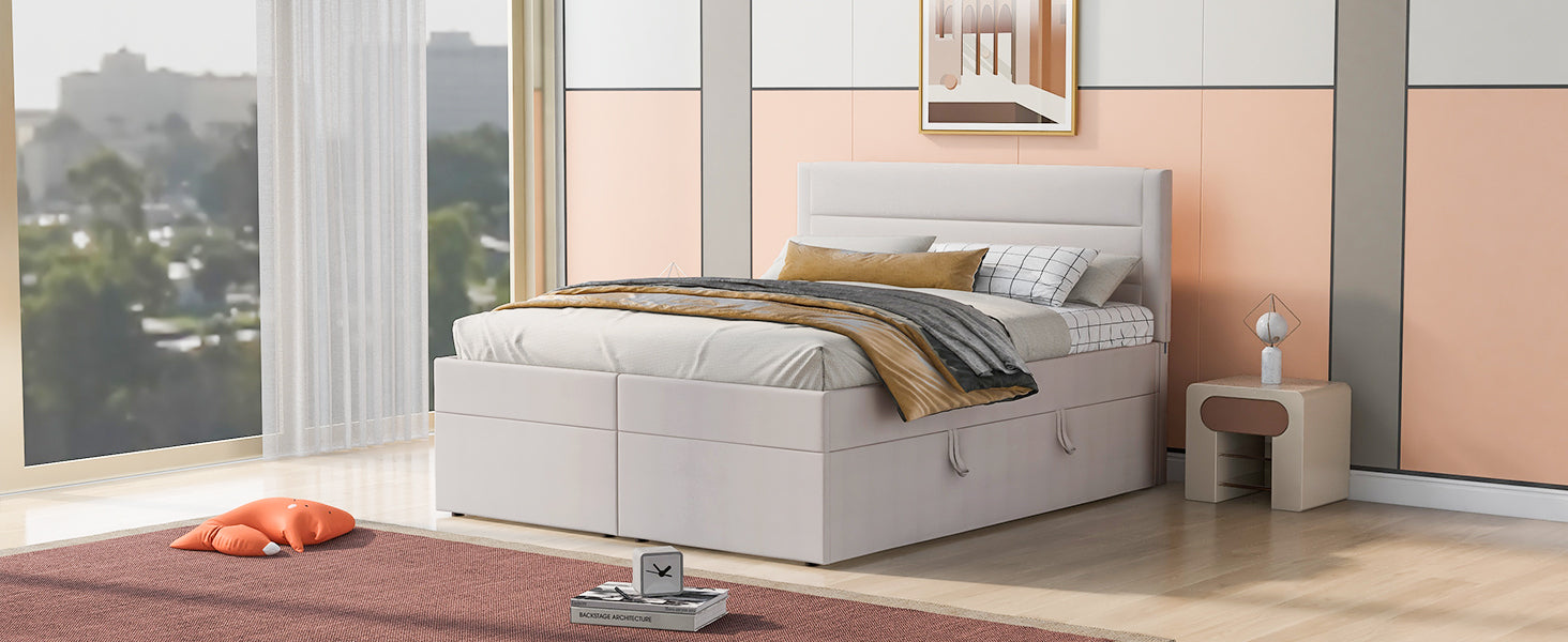 Queen Size Upholstered Platform Bed with Storage Underneath, Beige - Atlantic Fine Furniture Melbourne FL