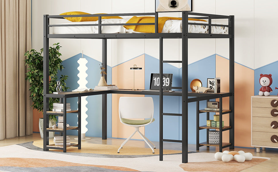 Full XL Metal Loft Bed with Desk and Shelves, Loft Bed with Ladder and Guardrails, Loft Bed Frame for Bedroom, Black