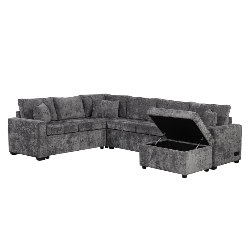 Sectional Sofa Pull-Out Sofa Bed Sleeper With A Storage Ottoman, Three Pillows And Charging Devices For Living Room