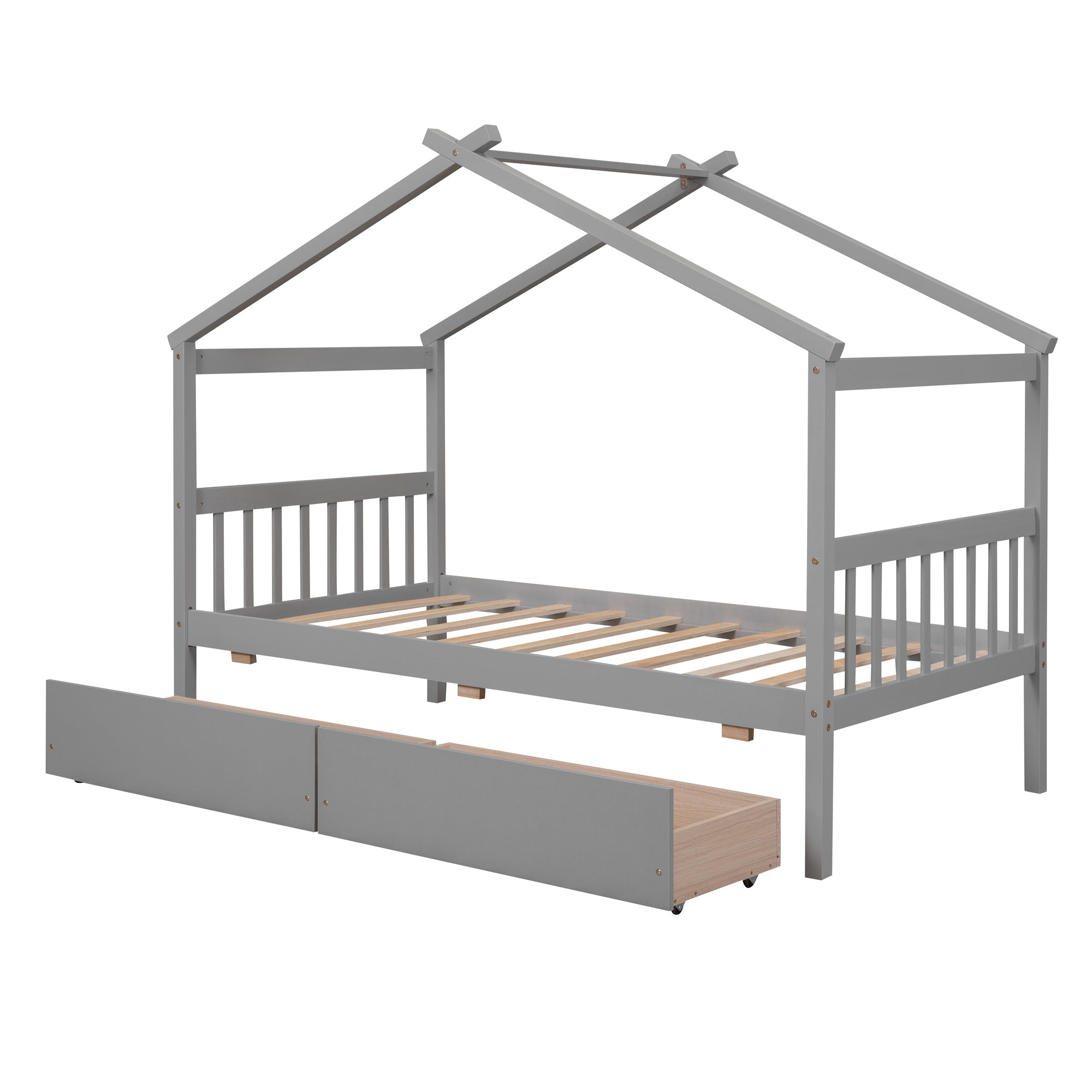 Twin Size Wooden House Bed with Drawers, Gray - Atlantic Fine Furniture Melbourne FL
