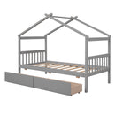 Twin Size Wooden House Bed with Drawers, Gray