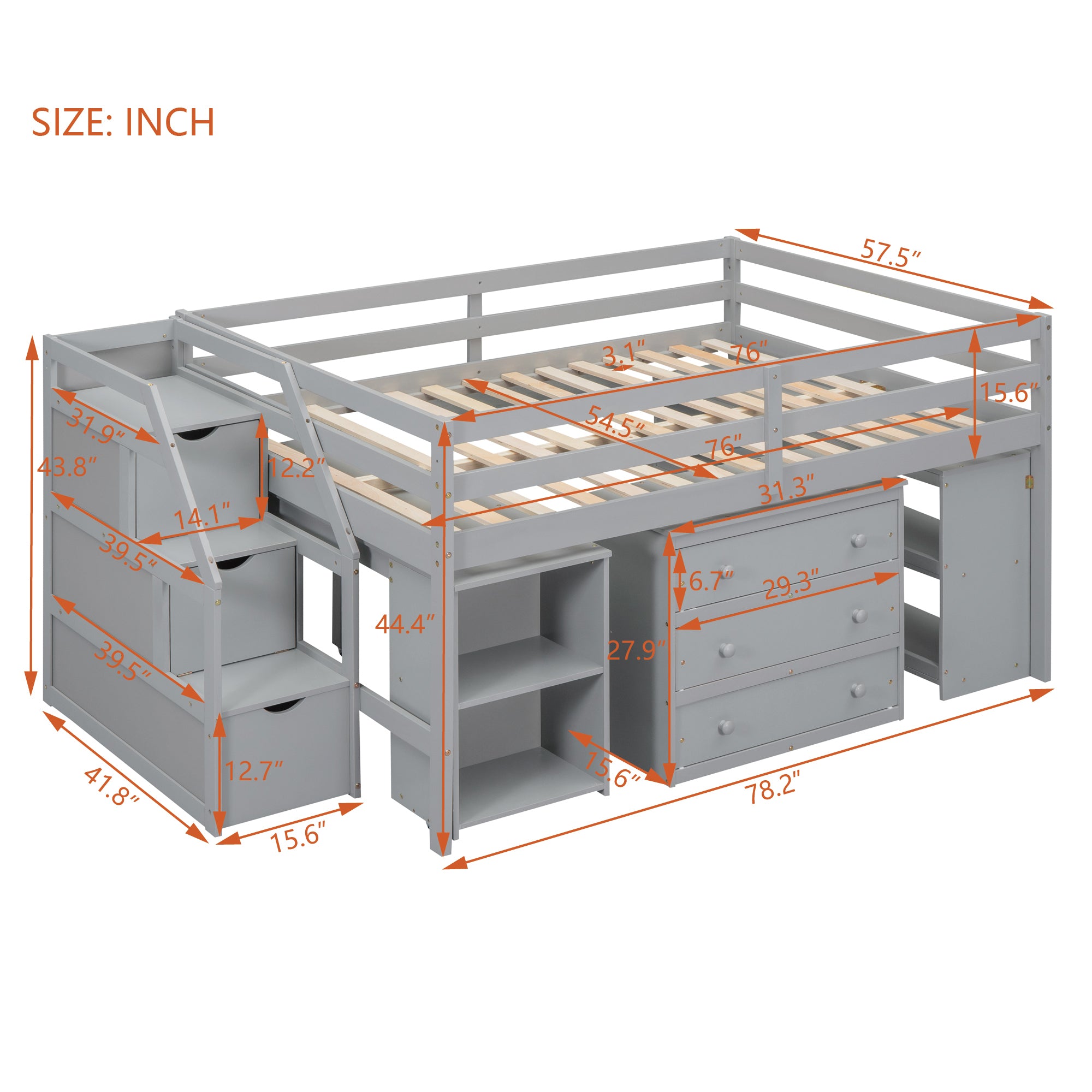 Full Size Loft Bed with Retractable Writing Desk and 3 Drawers, Wooden Loft Bed with Storage Stairs and Shelves, Gray - Atlantic Fine Furniture Melbourne FL
