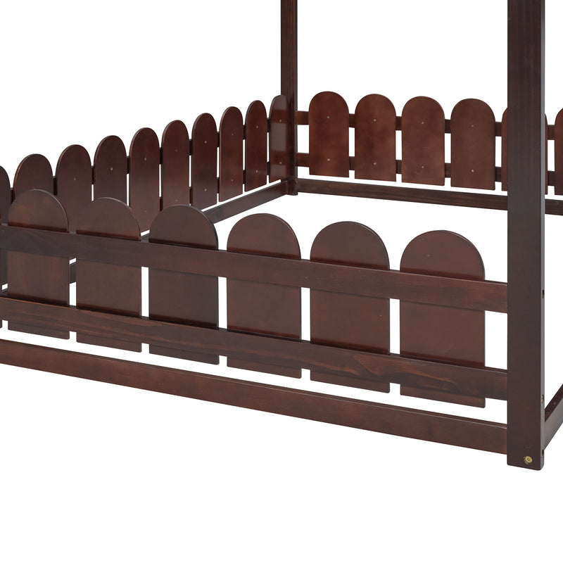 (Slats Are Not Included)Full Size Wood Bed House Bed Frame With Fence, For Kids, Teens, Girls, Boys (Espresso )