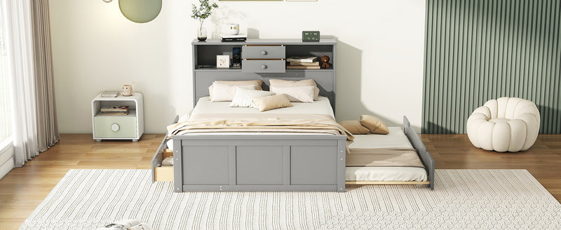 Full Size Wood Pltaform Bed with win Size Trundle, 3 Drawers, Upper Shelves and a set of USB Ports & Sockets, Gray