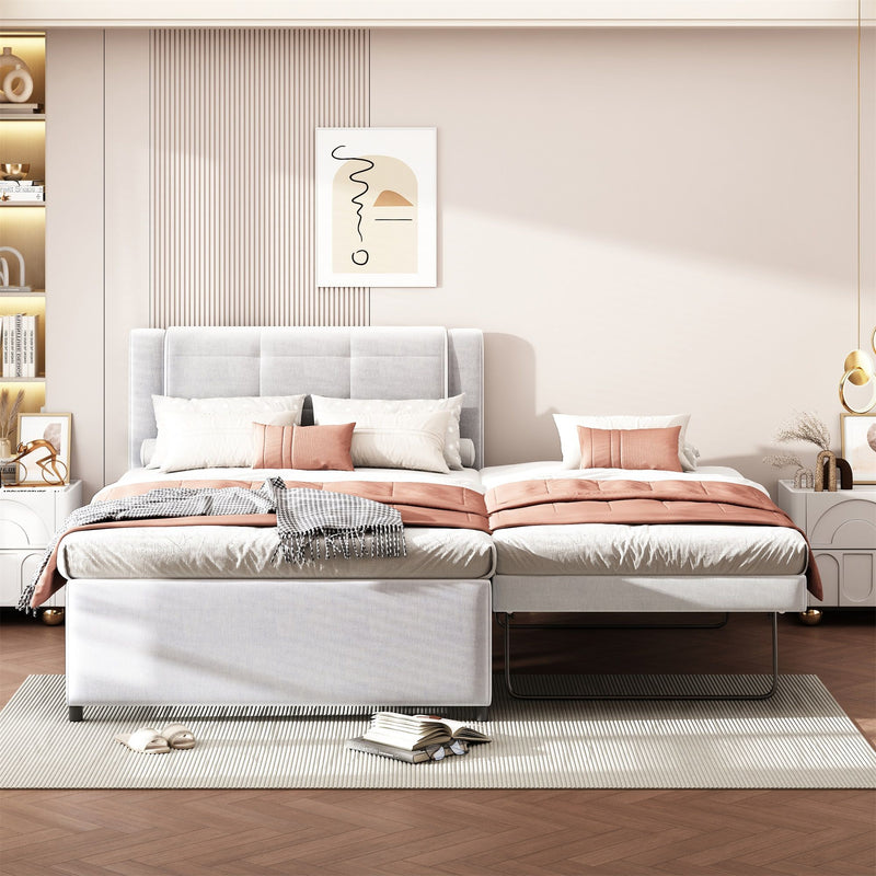 Upholstery Platform Bed With Trundle,Trundle Can Be Flat Or Erected