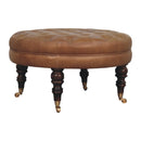 Buffalo - Leather Round Ottoman With Castor Legs - Brown